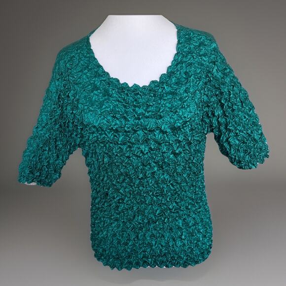 Vtg F C Green Crinkle Pleated Stretch Top 3/4 Sleeve One Size Fits Boho Chic - Picture 1 of 2